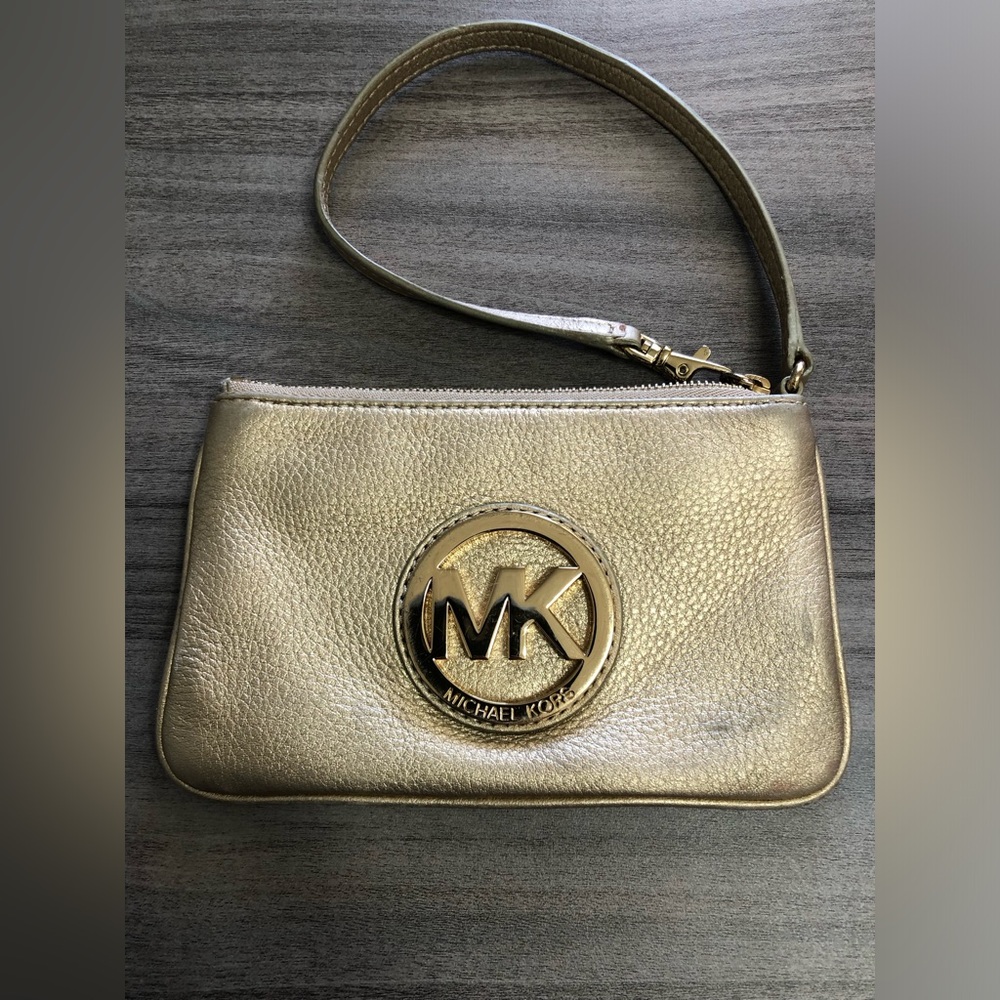Michael Kors  Fulton leather pebbled leather zip up wristlet purse, gold